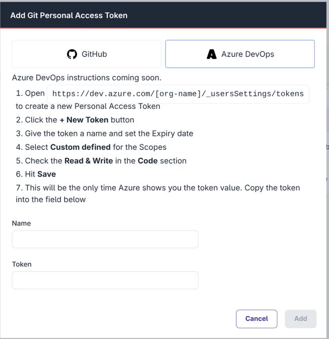 Dialog to create a new Azure DevOps Token