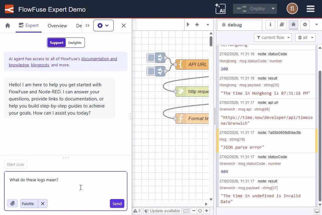 FlowFuse Expert Focused Debug Log Context